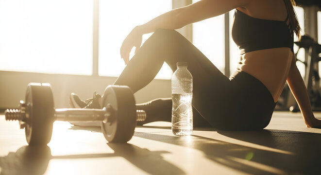 Woman relaxing after workout with dumbbell and water bottle indoors