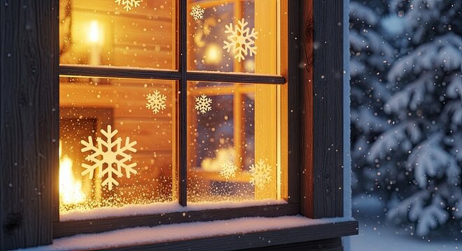 Cozy cabin window view with snowflakes and warm light