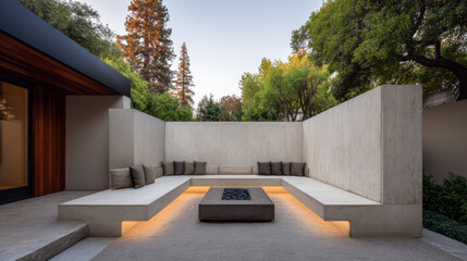Modern outdoor seating area with cozy fire pit surrounded by lush greenery in a serene garden setting