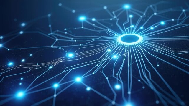 Futuristic network digital circuit blue neon data flow technology background abstract connection cyber grid glowing lines neural network ai concept pulse across dark space with dynamic energy