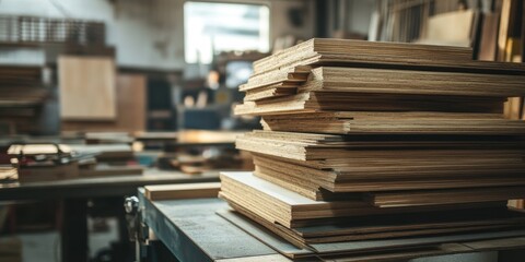 Stack of Wood Panels in a Woodworking Workshop.