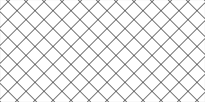 Diagonal cross line grid seamless pattern. Geometric diamond texture. Black diagonal line mesh on white background. Minimal quilted fabric. Metallic wires fence pattern. Modern Vector