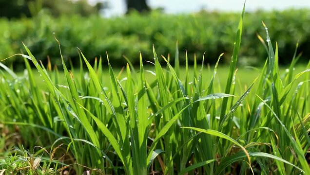 A beautiful high quality 4K close up stock video of a lush green padi field covered with glistening morning dew powerfully symbolizing nature agriculture and celebrating traditional rice planting