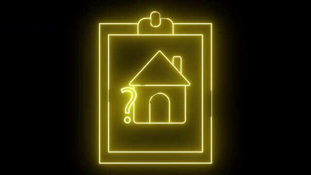 Yellow neon clipboard with a house and a question mark on a black background