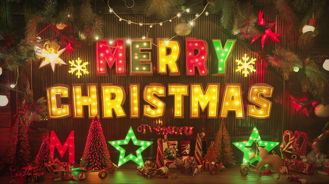 Lit merry christmas sign with festive decorations perfect for holiday greeting card designs, social media posts, and christmas themed marketing materials.