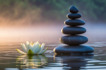 Find inner peace with balanced zen stones and serene lotus flower on tranquil water, perfect for wellness and mindfulness promotions
