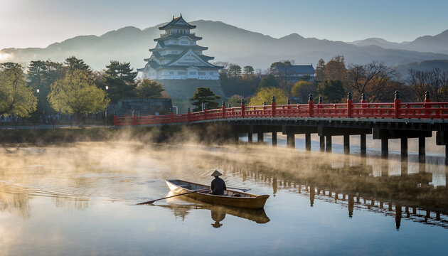 Misty Morning at Japanese Castle and Red Bridge