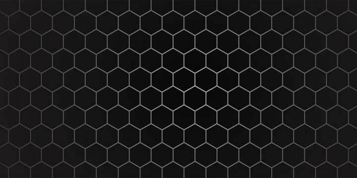 Dark grey abstract wide horizontal banner with hexagon carbon fiber grid and orange luminous lines.