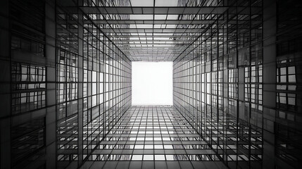 Geometric patterns of modern architecture viewed from below symmetry black and white