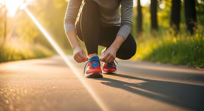 Female athlete tying shoelaces outdoors on a sunny day for running