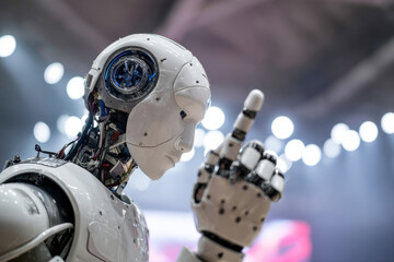 Obraz premium Robotics expert presenting humanoid robot on stage