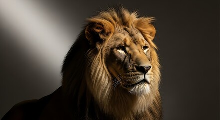 Majestic lion portrait, headshot, with a golden mane, looking off to the side in dramatic lighting.