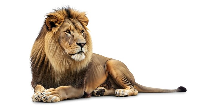 A majestic male lion lies down, looking to the left, isolated against a white background.