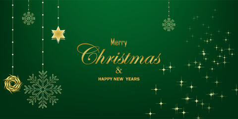 Merry Christmas and Happy New Year horizontal banner. Golden christmas balls and snowflake, stars, hanging on ribbon. Luxury and elegant green. vector illustration