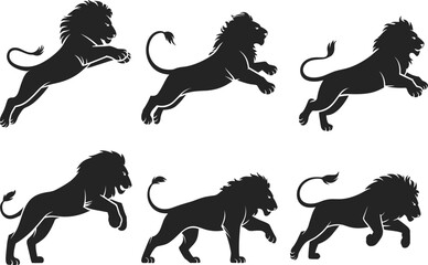 Lion silhouette motion set, jumping lion, walking lion, aggressive stance, black vector illustration, animal movement, wildlife icon, white background