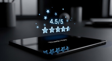A tablet displaying a rating of four point five out of five stars with a thank you message on the screen
