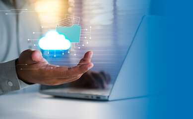 Cloud storage digital folder secure concept, Systematic data storage, access remote backup seamless management, folder and documents floating on hand, symbolizing secure online backup, file management