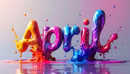 Bold, colorful word "April" rendered in vibrant, liquid-like paint