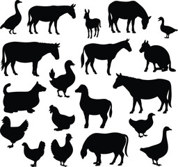 Farm animal silhouette set with horse, duck, chicken, pig, donkey and cat for agriculture, education, nature and pet themes