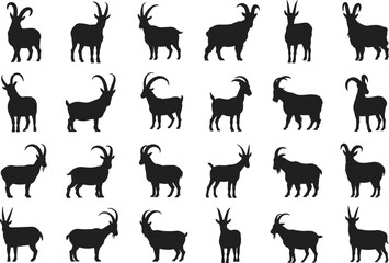 Goat silhouette collection in varied poses, black animal shapes for farming, wildlife, nature, pattern recognition and educational themes
