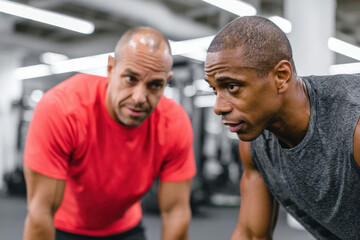 Fototapeta premium Athlete training with a personal coach in a gym
