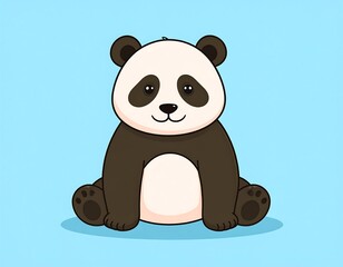 Naklejka premium Sitting cartoon panda, smiling, in black and white fur, on blue