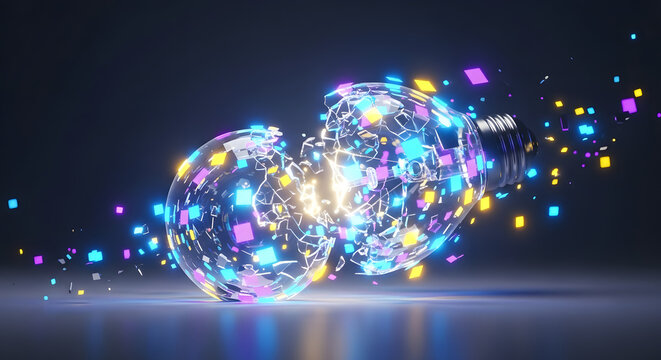 Exploded light bulb with colorful squares floating around it on a reflective surface in a dark space - Powered by Adobe