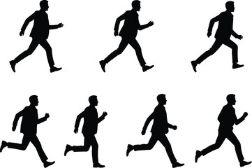Businessperson running silhouette set, black vector motion poses in formal attire for animation, design, progress, and workplace illustration