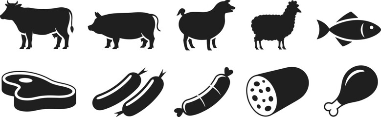 Animal and meat silhouette, cow pig fish icons, food source vector, black butcher chart, culinary design, protein illustration set