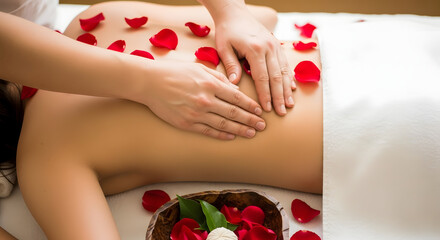 Relaxing back massage with rose petals for wellness and serenity