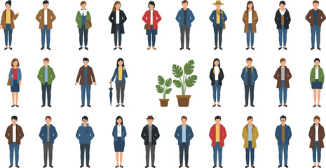 Diverse character illustration, people in outfits, accessories, potted plants, urban crowd, flat design, storytelling asset, vector people set