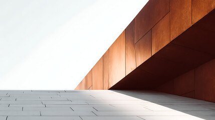 Geometric copper and concrete structure against bright sky architecture abstract