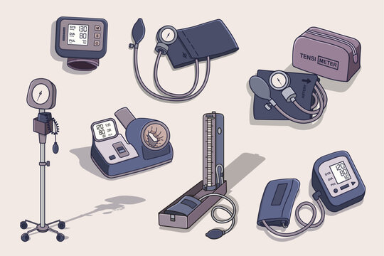 Collection of various blood pressure measurement devices including digital, manual, aneroid, wrist, mercury, and automated sphygmomanometers for medical use