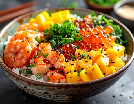 A close-up shot of a colorful bowl of Asian-inspired food. It showcases shrimp, mango, roe, green onions, and sesame seeds atop rice - Powered by Adobe