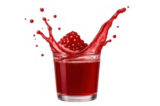 Pomegranate juice splashing into glass with seeds