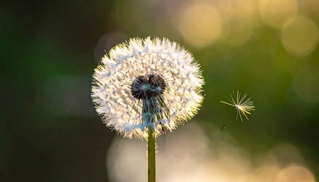 A close-up shot of a dandelion seed head with seeds blowing away in the soft, blurred background, highlighting sunlight - Powered by Adobe