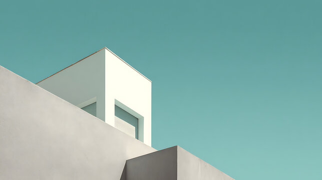 Fototapeta White geometric building against clear blue sky architecture minimalist
