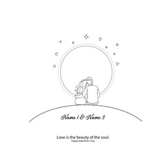 Minimal Line Art Couple on Hill with Moon Frame &ndash; Romantic Outline Illustration for Personalized Photo Art