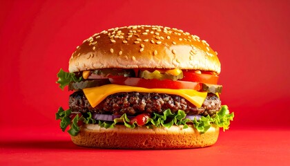 A close-up shot of a juicy hamburger with a sesame seed bun, layered with fresh lettuce, tomato, cheese, pickles and onion