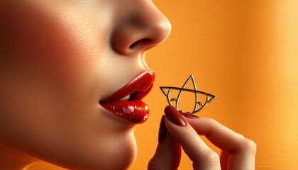 - Woman with red lipstick holding star pendant near lips on orange