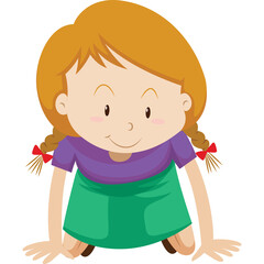 Playful blonde girl with braided pigtails wearing a purple shirt and green skirt crawls on a transparent background looking forward with a smile on her face