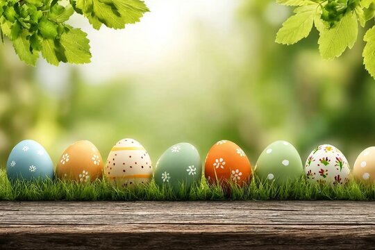 Seven painted easter eggs celebrating a Happy Easter on a spring day with a green grass meadow, bright sunlight, tree leaves, warm colour background, copy space and a wooden bench to display products.