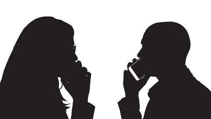 Silhouettes of a man and a woman in conversation using mobile phones.