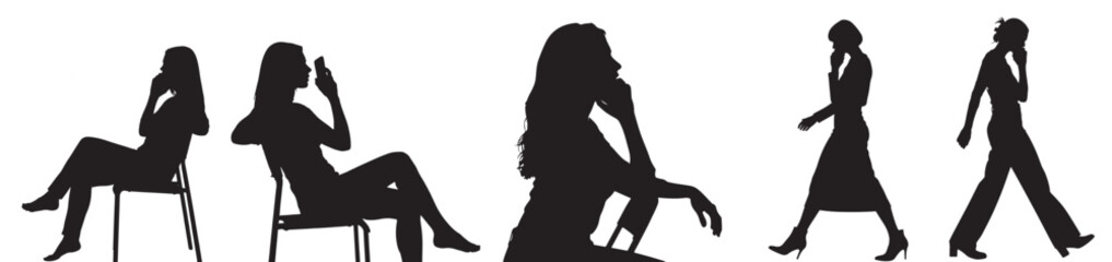 Silhouette of people using mobile phones and walking in various poses.