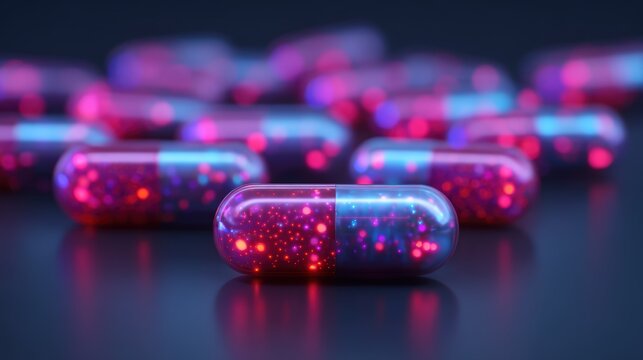 A collection of colorful capsules with glowing particles, set against a dark background, creating a vibrant and futuristic appearance.