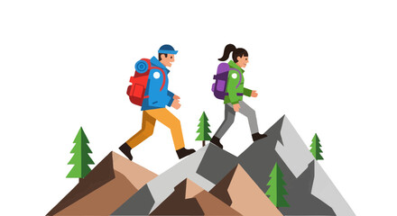 Fototapeta premium Hikers Ascending Mountain: A Animated Vector Illustration Depicting Adventure and Outdoor Pursuit