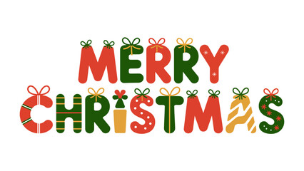 Festive Merry Christmas Typography: Cheerful and decorative Merry Christmas typography adorned with gift-themed letters, conveying holiday cheer and seasonal joy.
