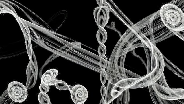 A dynamic high quality 4K seamless loop stock video presenting a monochromatic animation of white grunge pencil and brush doodle lines and textures against a black background utilizing a noticeable