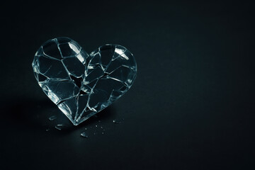 Fototapeta premium Broken glass heart on dark background symbolizes fragile emotions and heartbreak in simple yet powerful composition