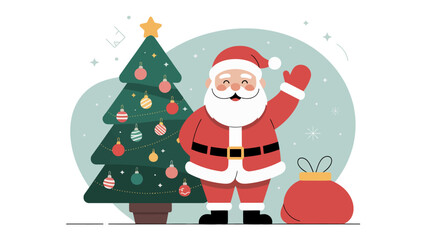 Santa's Holiday Greetings: Santa Claus, with a twinkling eye and a jovial smile, stands beside a festively decorated tree. He waves to all, spreading holiday cheer and the magic of Christmas!